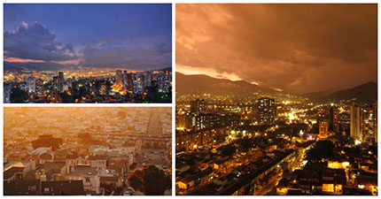 Collage of the cityscapes of Colombian cities.