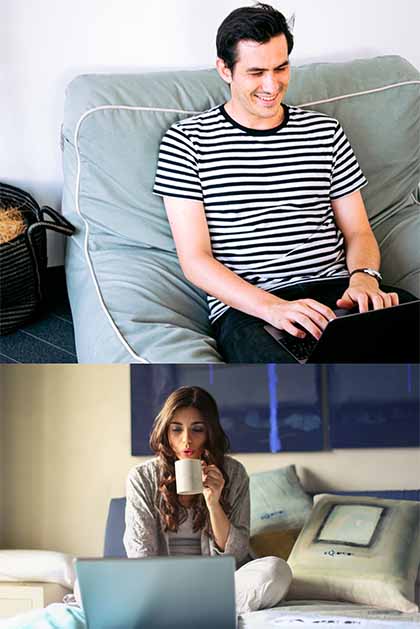 Combined photos of a man smiling while typing on his laptop and a woman blowing on a cup of coffee while in front of her laptop.